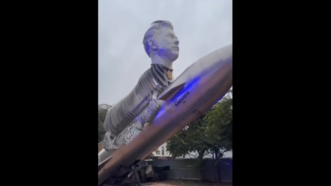 A statue of a goat with Elon Musk’s head riding a rocket was delivered to Tesla’s Austin headquarters in a “Goatsgiving” cryptocurrency stunt.