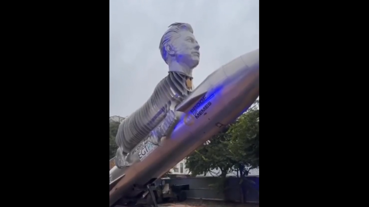 A statue of a goat with Elon Musk’s head riding a rocket was delivered to Tesla’s Austin headquarters in a “Goatsgiving” cryptocurrency stunt.