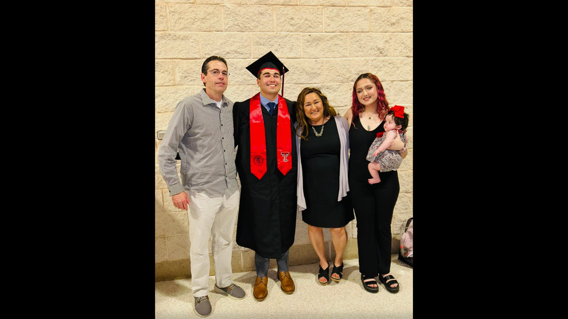 Seth (middle) is pictured with his dad, mother, sister and niece during graduation from Texas Tech University