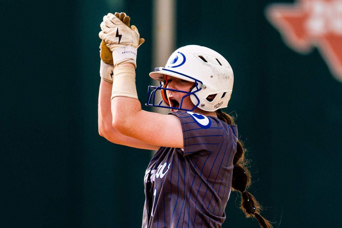 Decatur catcher Madi Moreland celebrates after getting a double against Liberty in the Class 4A state semifinals on Thursday, June 1, 2023 at McCombs Field in Austin, TX.