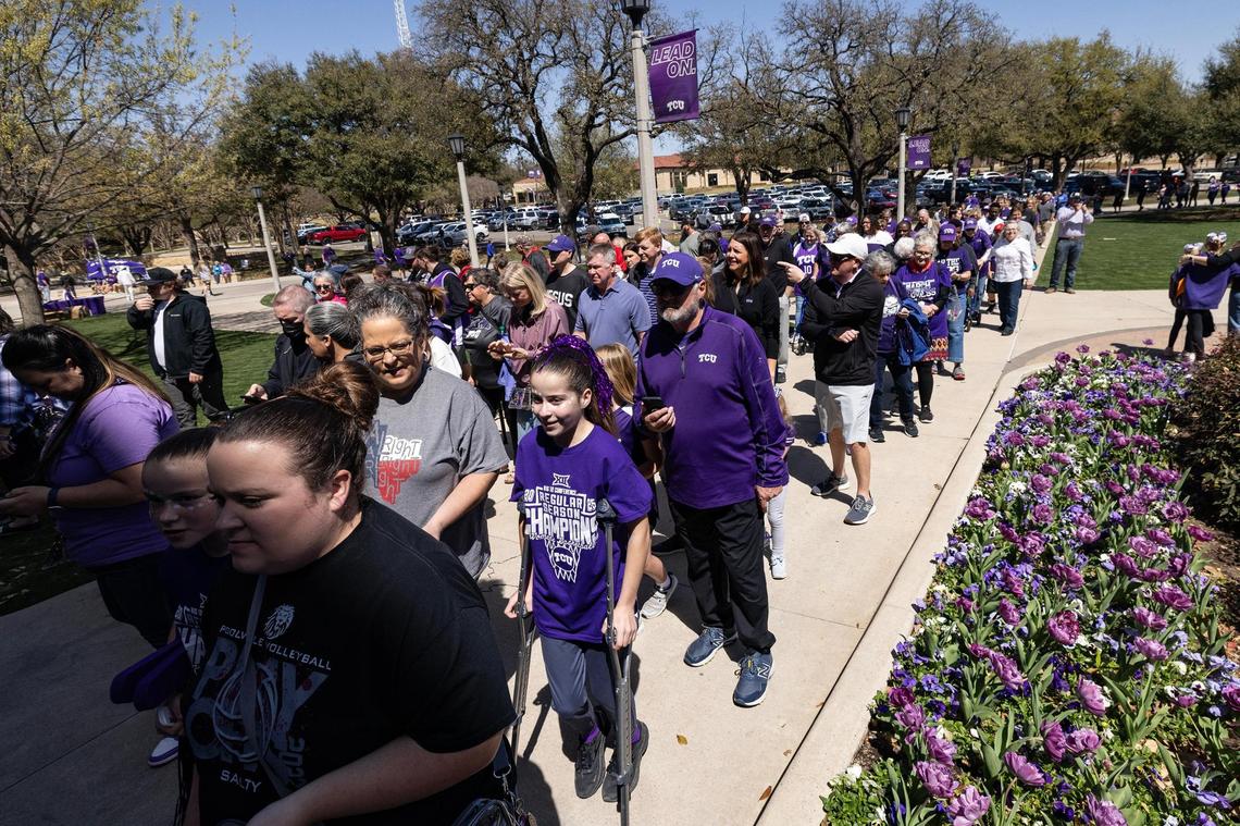 Fan begin to form a line at the front doors to the stadium one hour prior to the first round game of the Women’s NCAA Championships Tournament game between TCU and Fairleigh Dickinson at Schollmaier Arena in Fort Worth on Friday, March 21, 2025.