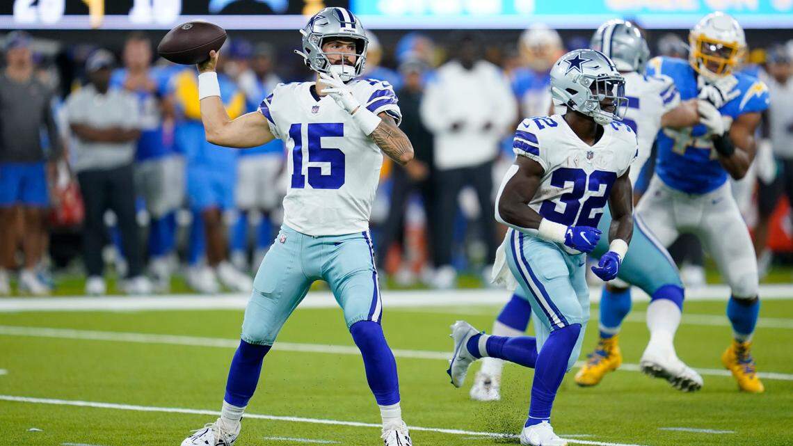 Dallas Cowboys quarterback Will Grier throws during the second half of a preseason NFL football game against the Los Angeles Chargers Saturday, Aug. 20, 2022, in Inglewood, Calif. (AP Photo/Ashley Landis)