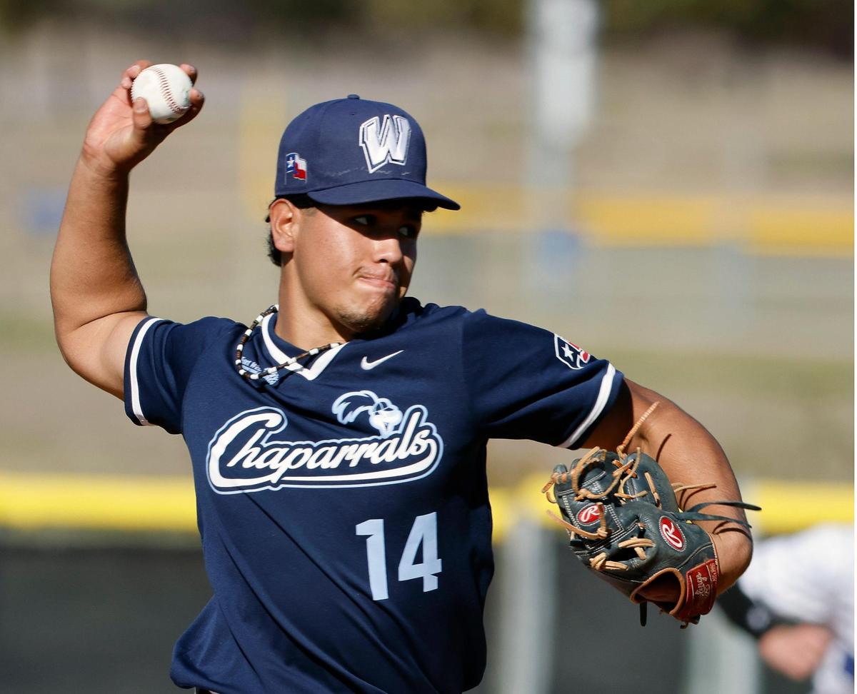 Wyatt pitcher Miguel Garcia (14) pitches in the third inning during a UIL baseball game at Benbrook High School in Fort Worth, Texas, Thursday, Feb. 22, 2024.