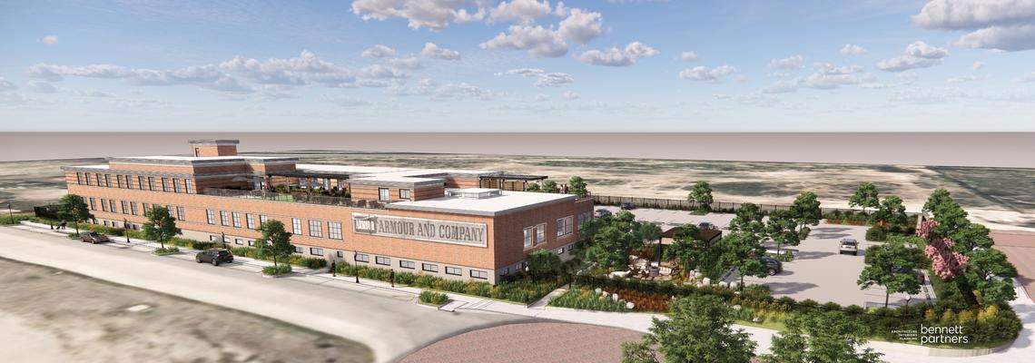 A rendering of the historic Armour building shows office space for an oil and gas company on the east end of Exchange Avenue.