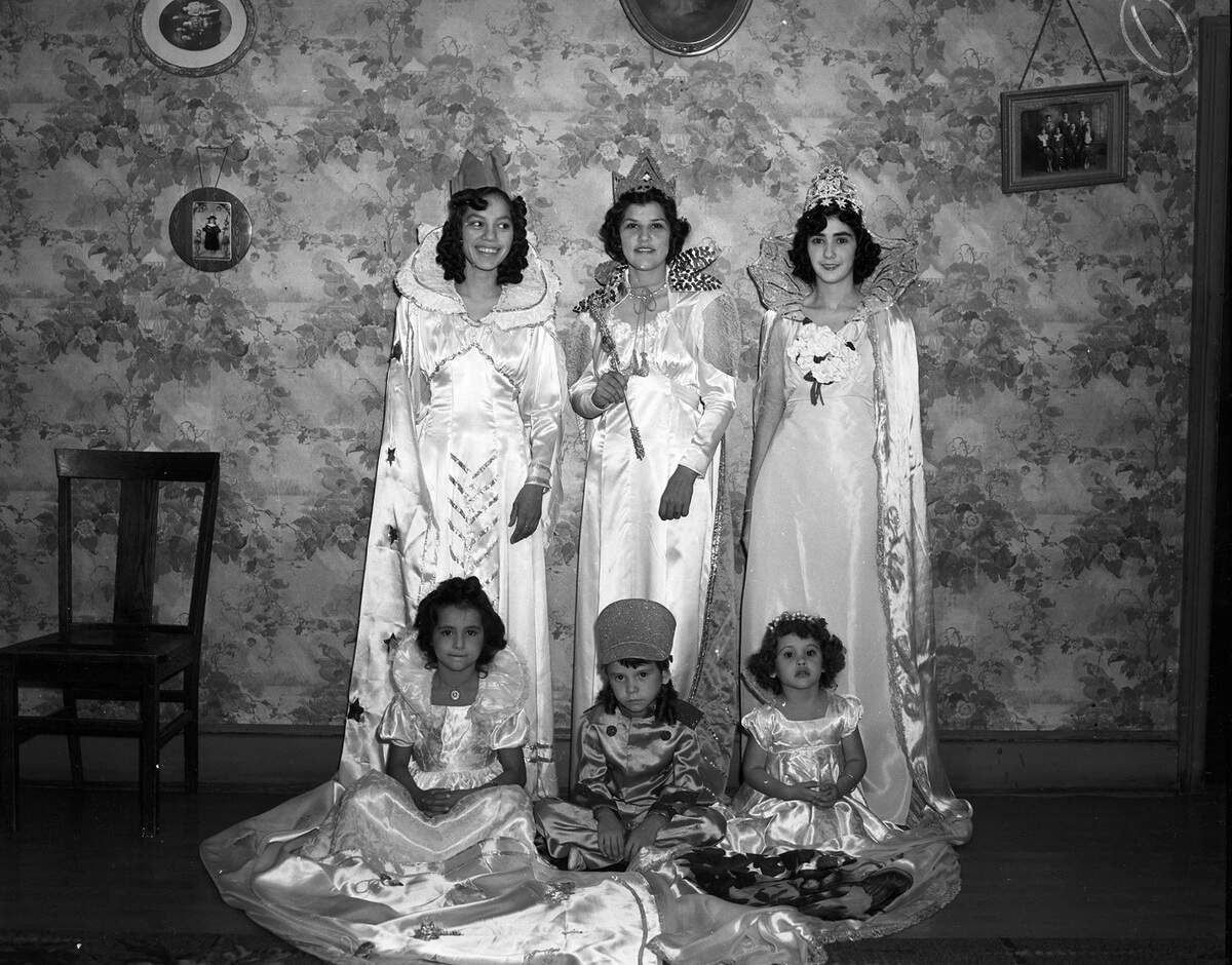Sept. 13, 1939: Celebrating 129th anniversary of Mexican Independence, from left, Amparo Rivera, Lola Aguilar, Pauline Papajohn. Seated are Gloria Martinez, Wanda Rangel, Modesta Guajardo.