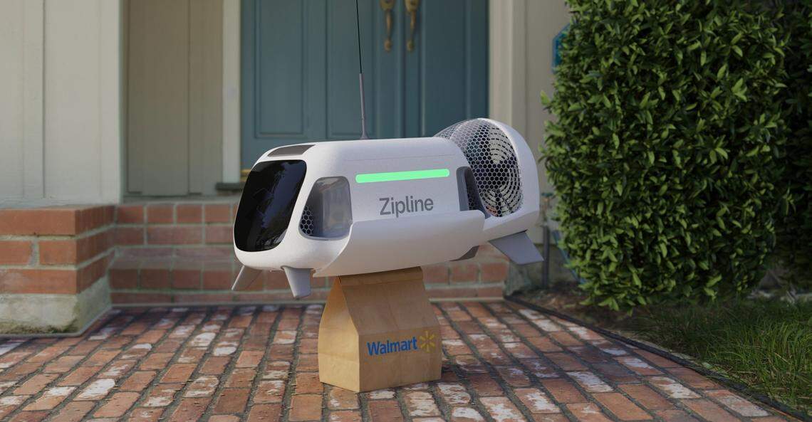 The Zip drone droid is released from the “belly” of the drone and quietly flies to deliver the package to smaller spaces.