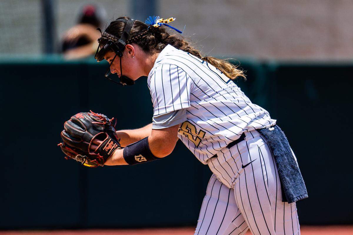 Montgomery Lake Creek pitcher Ava Brown, the Class 5A championship game MVP, gets ready to deliver a pitch against New Braunfels Canyon in the 5A title game on Saturday, June 3, 2023, at McCombs Field in Austin, TX.