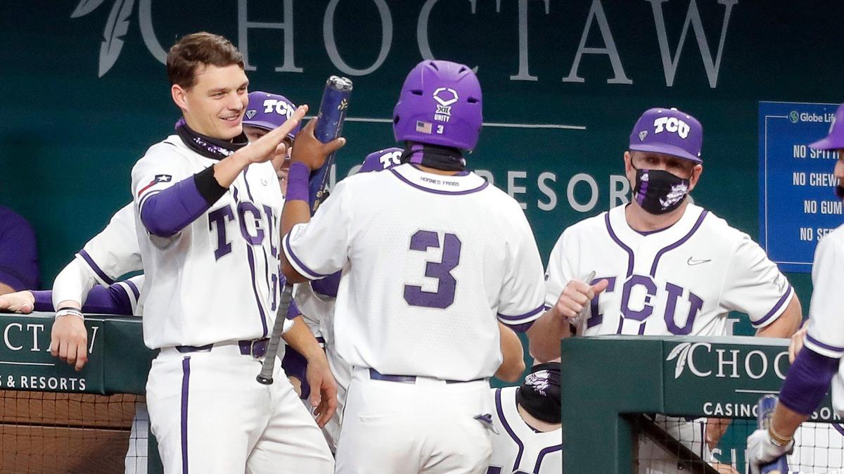Austin Henry (3), celebrating with teammates earlier this season, and TCU play host to Texas for a key Big 12 series this weekend at Lupton Stadium.