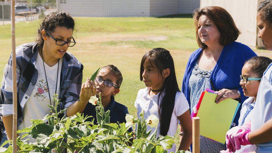 In this Sept. 20, 2017, photo, teacher Elena Fernandez, left, holds an Okra vegetable fresh picked from an organic garden at McCall Elementary School in North Las Vegas.