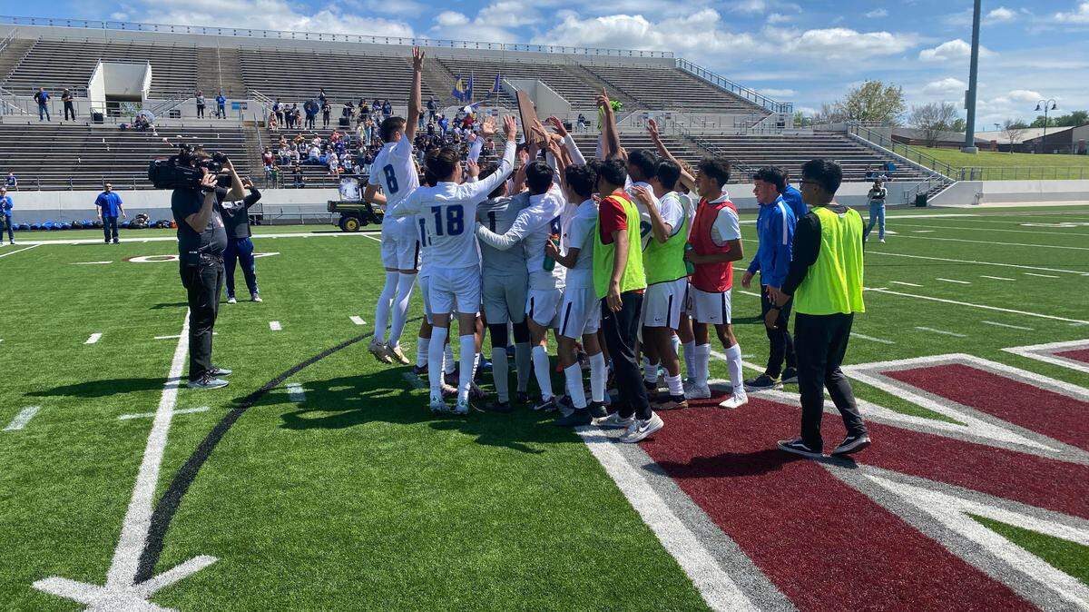 San Elizario celebrating after winning UIL regional final 3-0 over Diamond Hill-Jarvis.