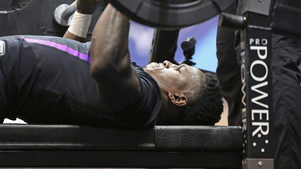 Chase Edmonds of Fordham had 19 reps of 225 pounds on the bench press during the NFL Combine workouts on Thursday in Indianapolis, Ind.