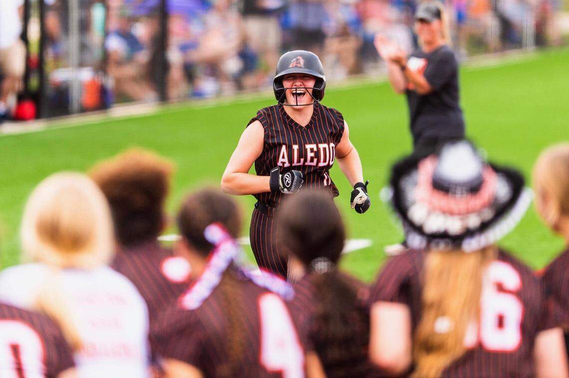 Aledo center fielder Marissa Powell celebrates after a three-run home run against Georgetown in the Class 5A state semifinals at Leander Glenn HS on Friday June 4, 2021 (Matt Smith/Special to the Star-Telegram)