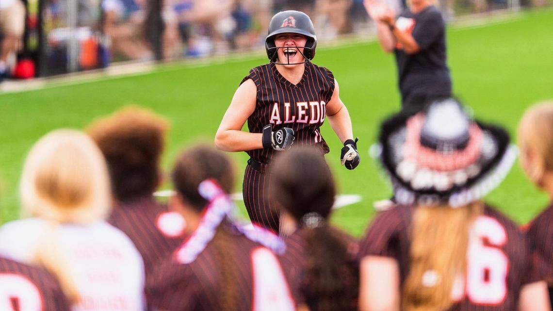 Aledo center fielder Marissa Powell celebrates after a three-run home run against Georgetown in the Class 5A state semifinals at Leander Glenn HS on Friday June 4, 2021 (Matt Smith/Special to the Star-Telegram)