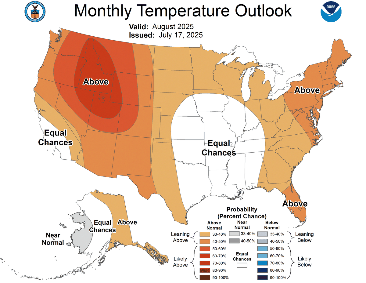 The monthly temperature outlook for the U.S. in August 2025.