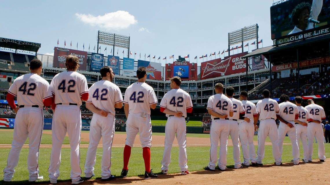 The Texas Rangers, like all major league teams, honored Jackie Robinson by wearing his No. 42 on April 15, 2018, at at Globe Life Park in Arlington. (Star-Telegram file photo)