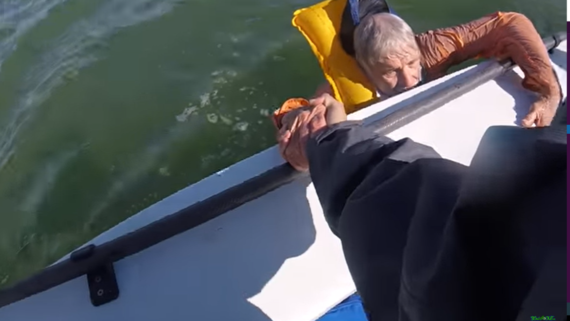 A Texas man was rescued from the waters near Rockport after he was thrown overboard and his boat kept running without him, video shows.