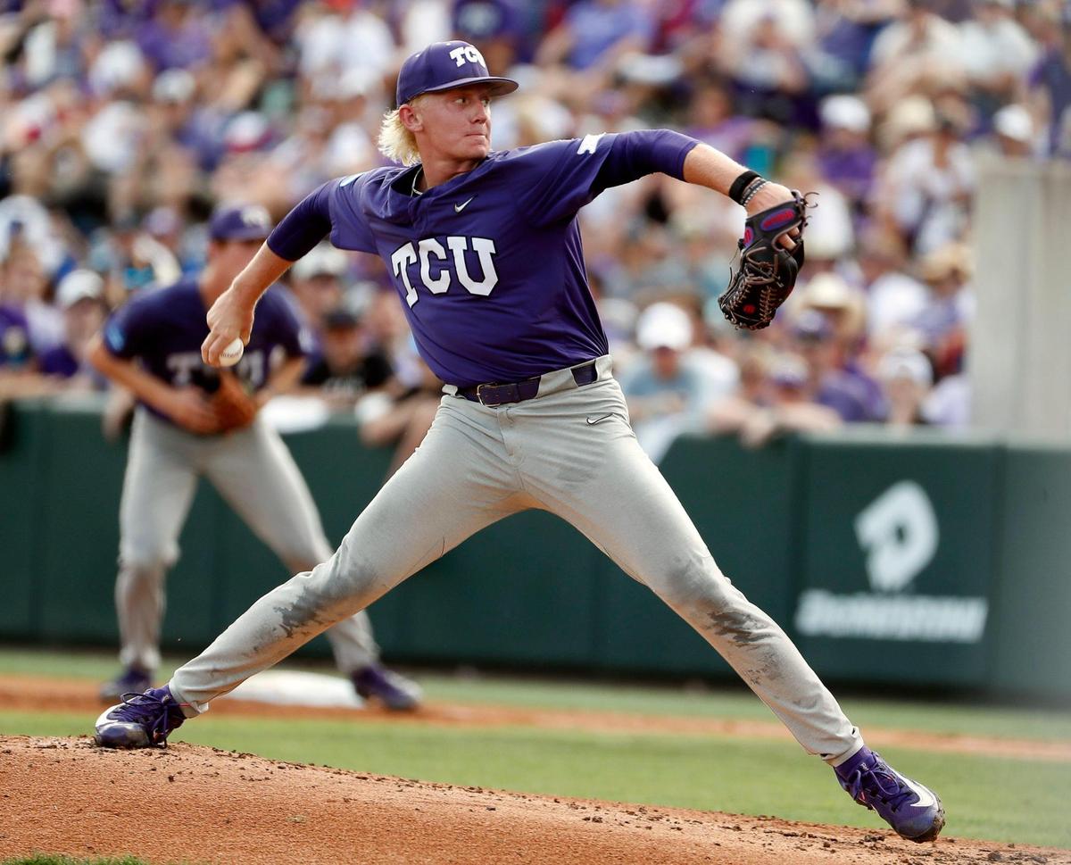 TCU starting pitcher Kole Klecker (17) works in the first inning of game one of the NCAA Super Regional between TCU and Indiana State at Lupton Stadium in Fort Worth, Texas, Friday June 09, 2023. (Special to the Star-Telegram Bob Booth)