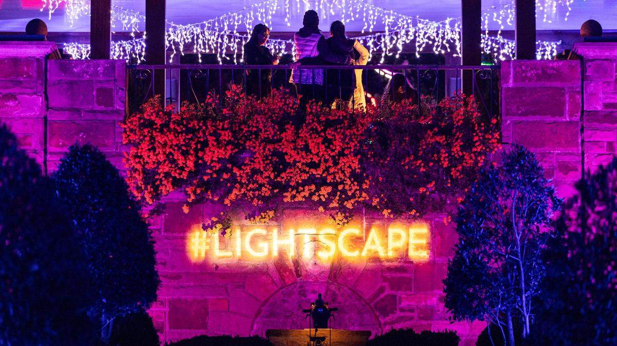Guests take photos at the top of the ‘Bluebonnet’ display for the Lightscape 2023 event at the Fort Worth Botanic Gardens on Friday, Nov. 24, 2023.
