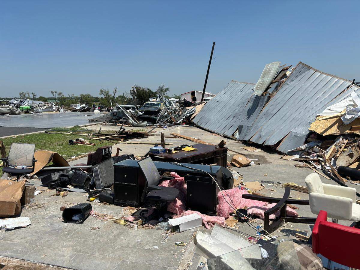 Restoration and modification shop Distinguished Customs is a pile of rubble on Sunday, May 26, 2024, in Valley View, Texas, after a tornado hit the area.
