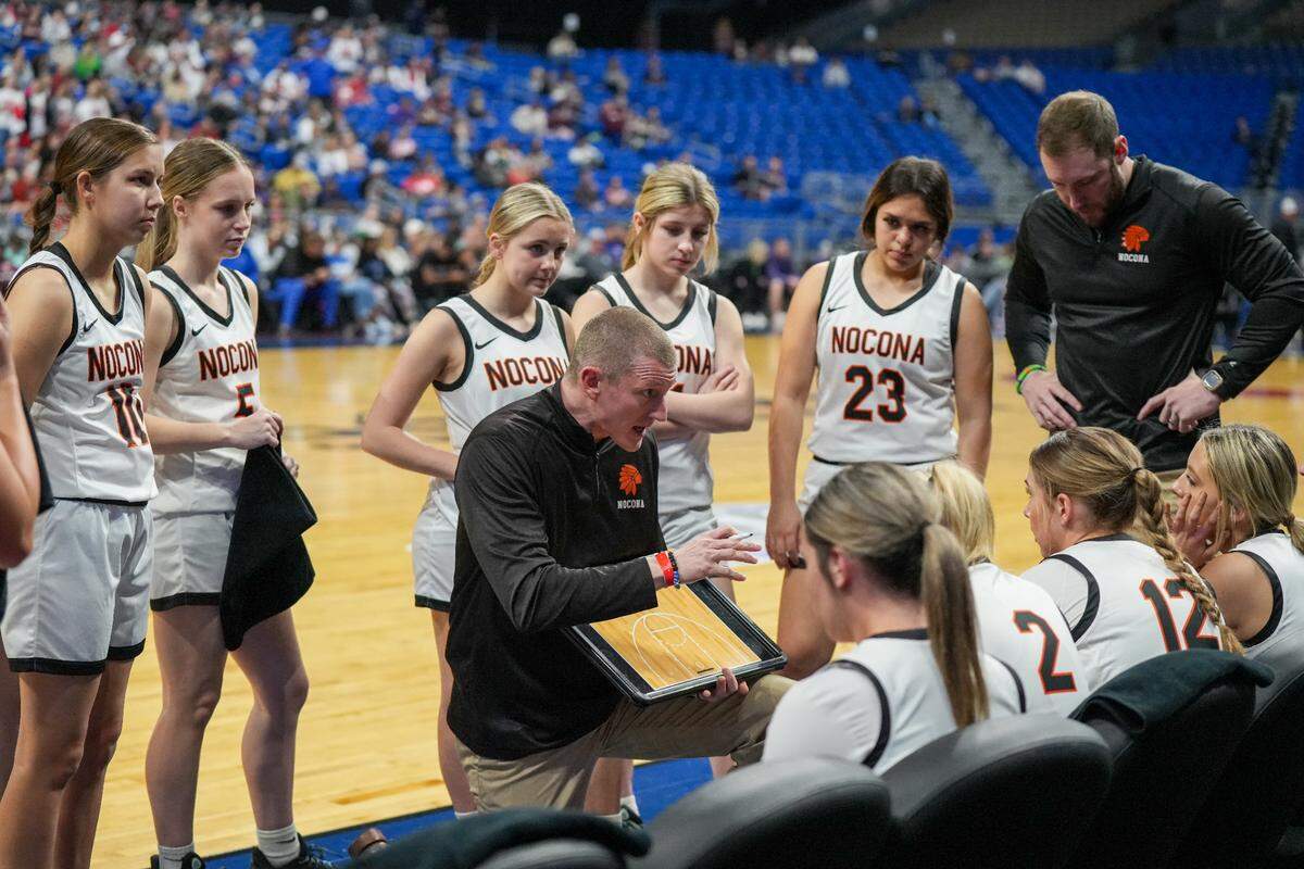 Nocona head coach Kyle Spitzer draws up a play against Wellington in a Class 2A state semifinal on Friday, March 1, 2024 at the Alamodome in San Antonio, Texas. Nocona rallied to win 44-42.