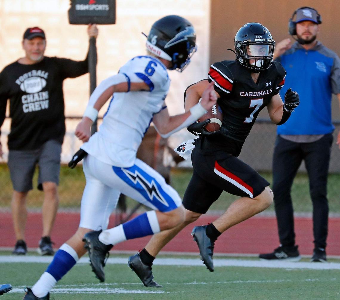 Fort Worth Christian wide receiver Jacob Trimble (7) races Dallas Christian free safety Maddox Losher (6) down the sidelines in the first half of a high school football game at Barrow Field in North Richland Hills Texas, Friday, Sept. 30, 2022. (Special to the Star-Telegram Bob Booth)