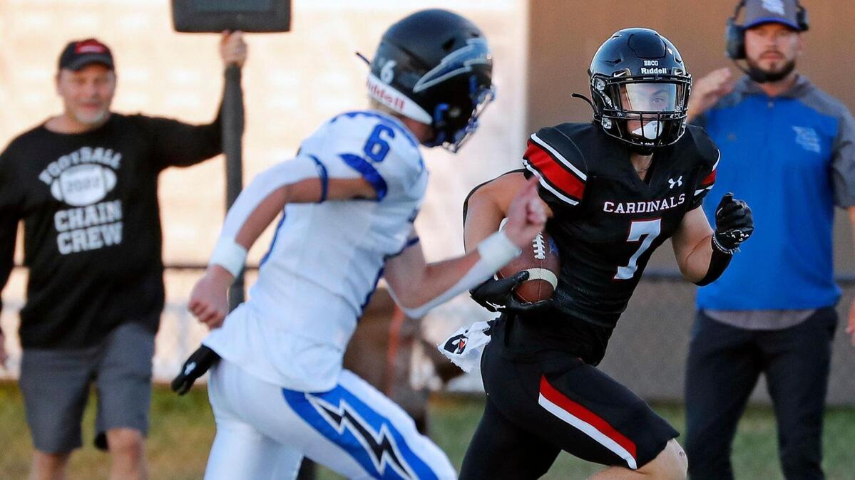 Fort Worth Christian wide receiver Jacob Trimble (7) races Dallas Christian free safety Maddox Losher (6) down the sidelines in the first half of a high school football game at Barrow Field in North Richland Hills Texas, Friday, Sept. 30, 2022. (Special to the Star-Telegram Bob Booth)