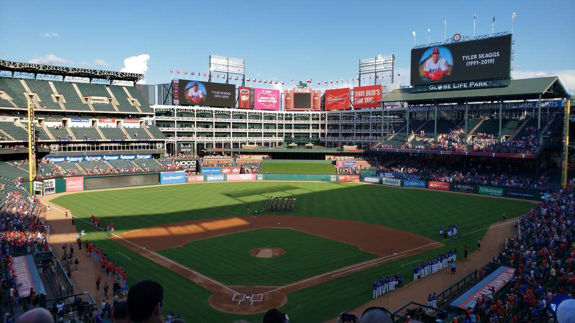 The Texas Rangers and Los Angeles Angels observed a moment of silence for Tyler Skaggs before Tuesday night’s game. The Angels’ pitcher died Monday at the team hotel in Southlake.