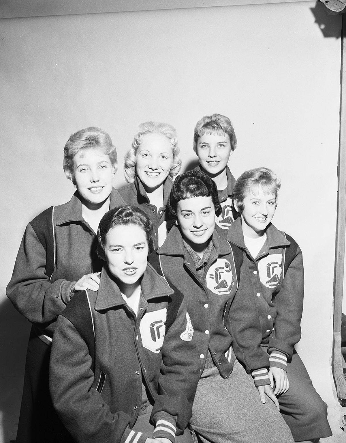 Nov. 19, 1958: Cheers for the Grapevine High School Mustangs are led by left to right top, Judy Gee, Margaret Ann Davis, Jean Parker, and bottom, Patsy Miller, Jana Brackney and Mattie lou Baze.