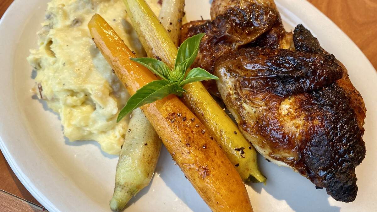 “Beer can chicken” marinated in Arlington-based Legal Draft beer at Ventana Grille.