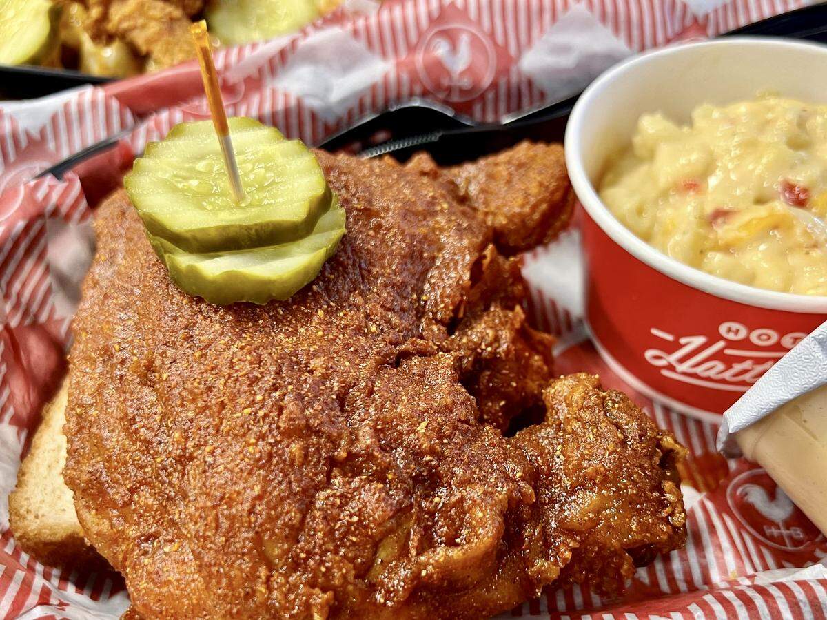 Hattie B’s hot chicken leg and pimiento mac-and-cheese at the midtown Nashville, Tennessee, location on Feb. 20, 2024.