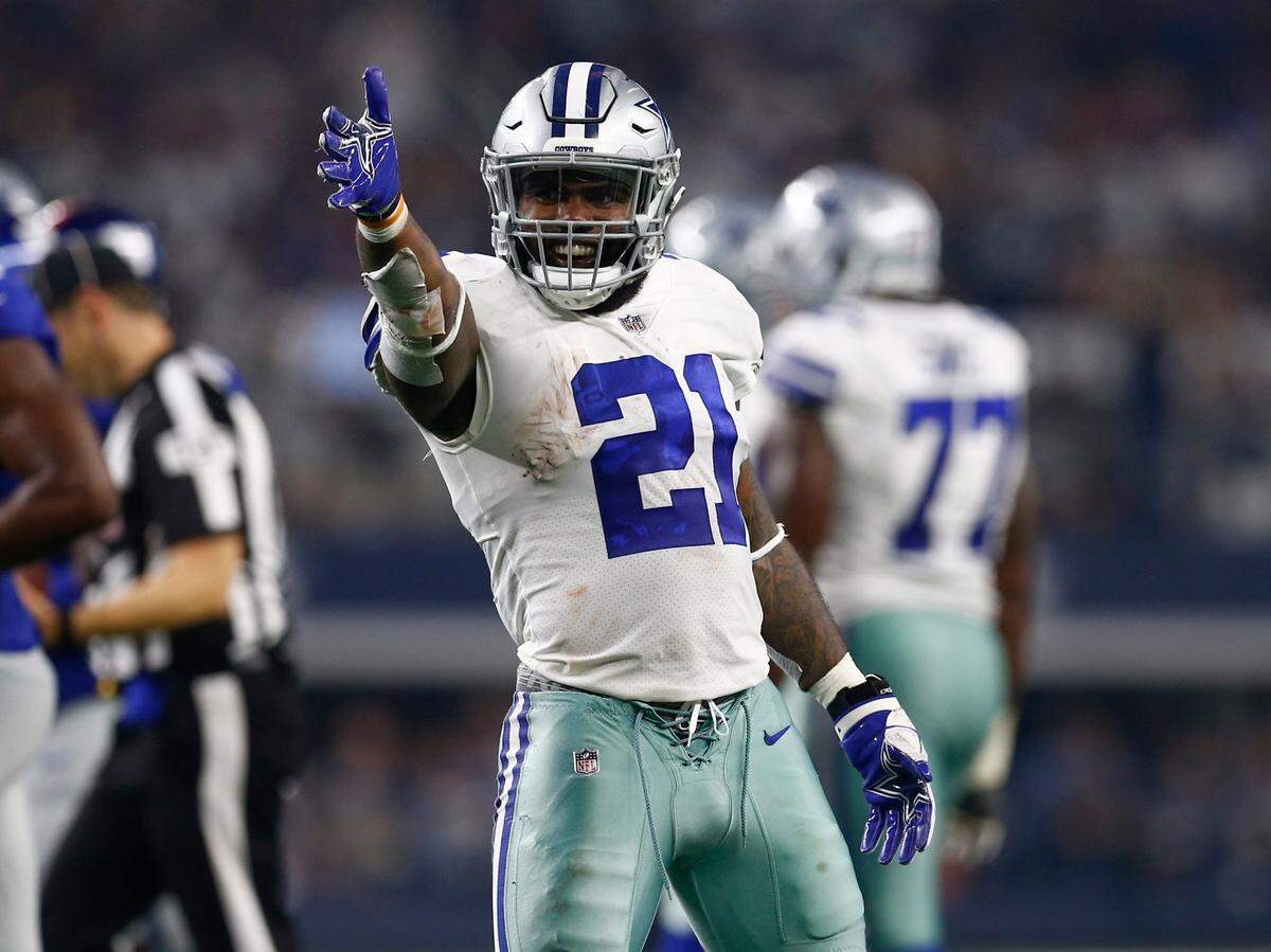 Dallas Cowboys running back Ezekiel Elliott celebrates his first down against the New York Giants during the second half of an NFL football game, Sunday, Sept. 16, 2018, at AT&T Stadium in Arlington, Texas. The Cowboys won 20-13.