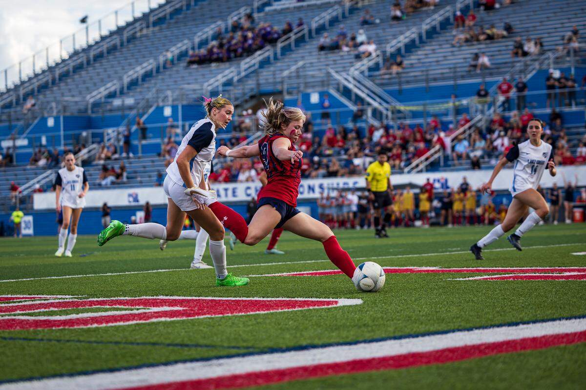 Grapevine’s Maddison Patton (9) takes a shot against Montgomery Lake Creek in the UIL Class 5A Division II state soccer championship game on Friday, April 10, 2026, at Birkelbach Field in Georgetown, Texas.