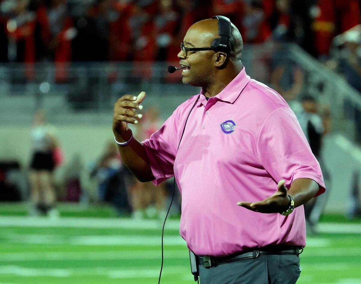 Crowley head coach Carlos Lynn motions to the field in the first half of a UIL high school football game at Crowley ISD Multi-Purpose Stadium in Crowley, Texas, Friday, Oct. 20, 2023.