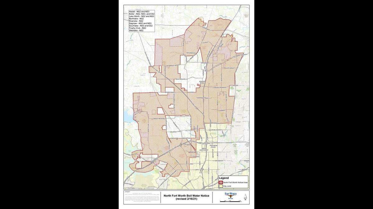 More than 210,000 residents of North Fort Worth are being told to boil their water following power outages at water treatment plants. This map shows the affected areas.