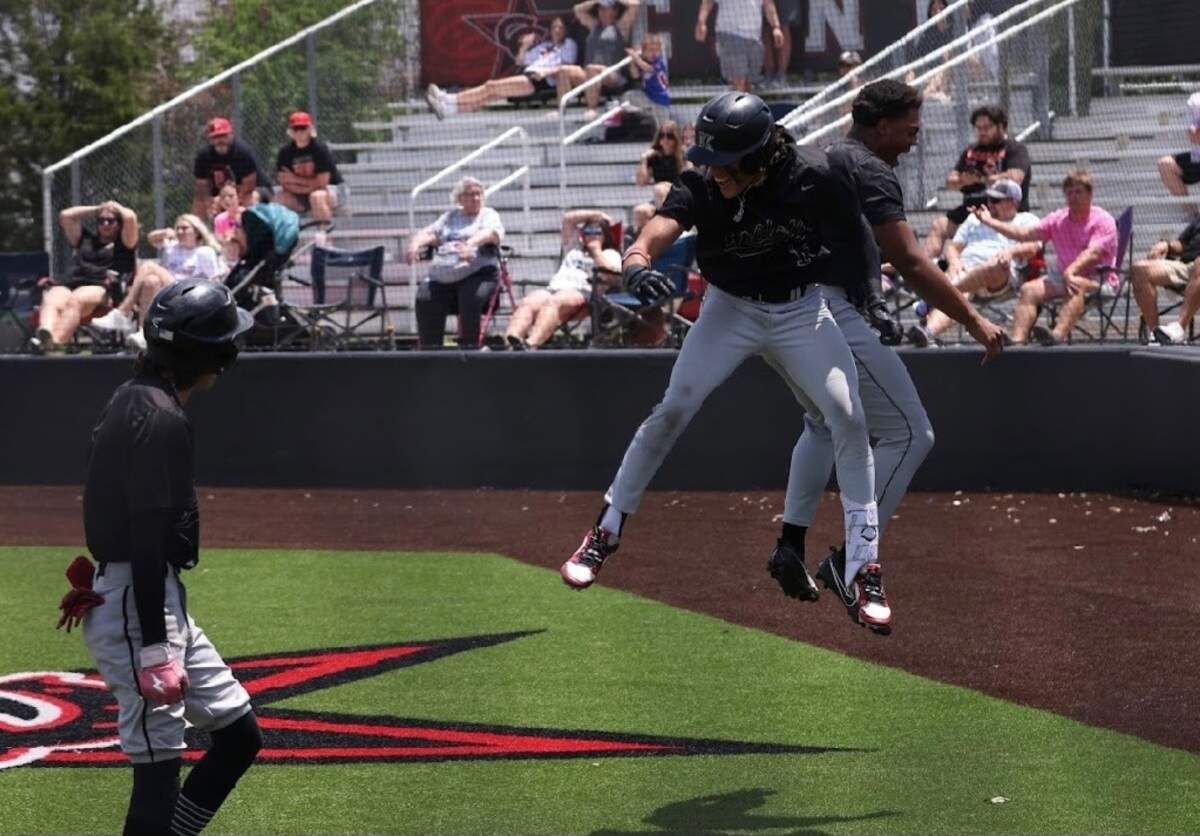 Kennedale’s D.J. Darjean (right) celebrates with Aidan Ruiz (center) with Dilon Sandoval (left) looking on after Darjean scored the game tying run in the sixth inning against Aubrey in Game 3 of their Class 4A Division 2 area-round series against Aubrey on Saturday, May 10, 2025 at the Coppell Baseball/Softball Complex in Coppell, Texas. Kennedale defeated Aubrey 7-5.