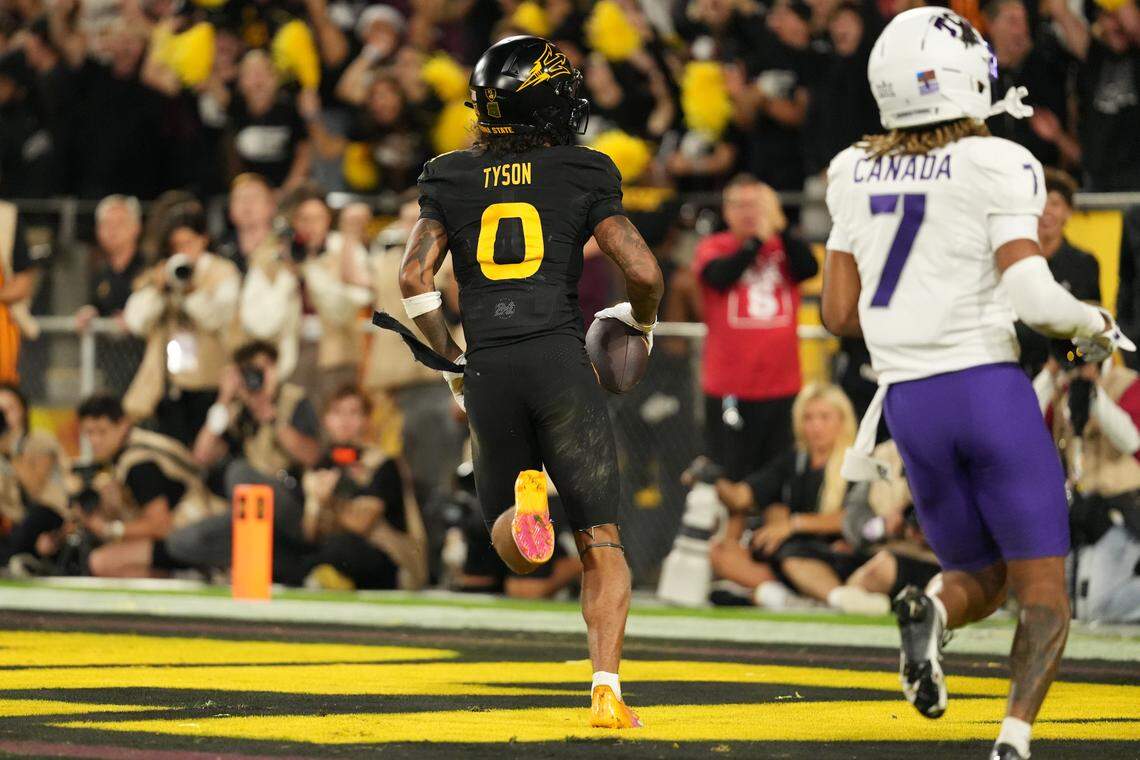 Sep 26, 2025; Tempe, Arizona, USA; Arizona State Sun Devils wide receiver Jordyn Tyson (0) scores a touchdown against the TCU Horned Frogs in the first half at Mountain America Stadium, Home of the ASU Sun Devils. Mandatory Credit: Jacob Reiner-Imagn Images