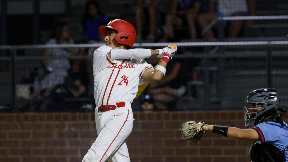 Grapevine catcher Gianni Corral (24) connects for a hit and drove in two runs during a UIL baseball game at Grapevine Mustang Field in Grapevine, Texas, Thursday, Apr. 17, 2025.