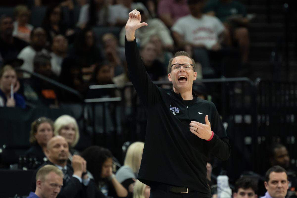 Texas Christian University Horned Frogs head coach Mark Campbell yells instructions during the NCAA Women’s Basketball Tournament Elite 8 at Golden 1 Center in Sacramento on Monday