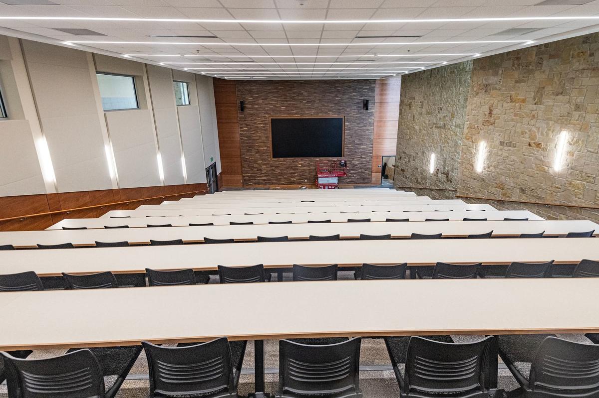 Inside the large lecture hall at the new Eagle Mountain High School on Bonds Ranch Road in Fort Worth. This is one of three lecture halls on campus and has material built on the walls meant for noise cancellation.