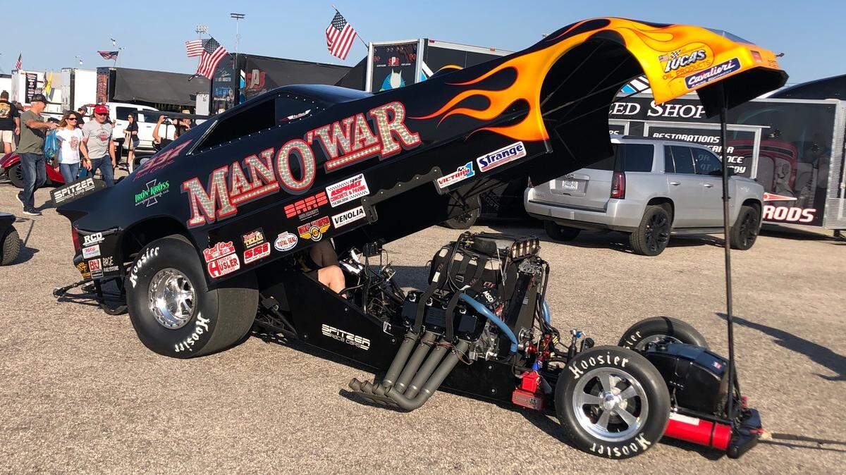The Man O War Funny Car rolls to the staging lanes for Funny Car Chaos qualifying run at Texas Motorplex.