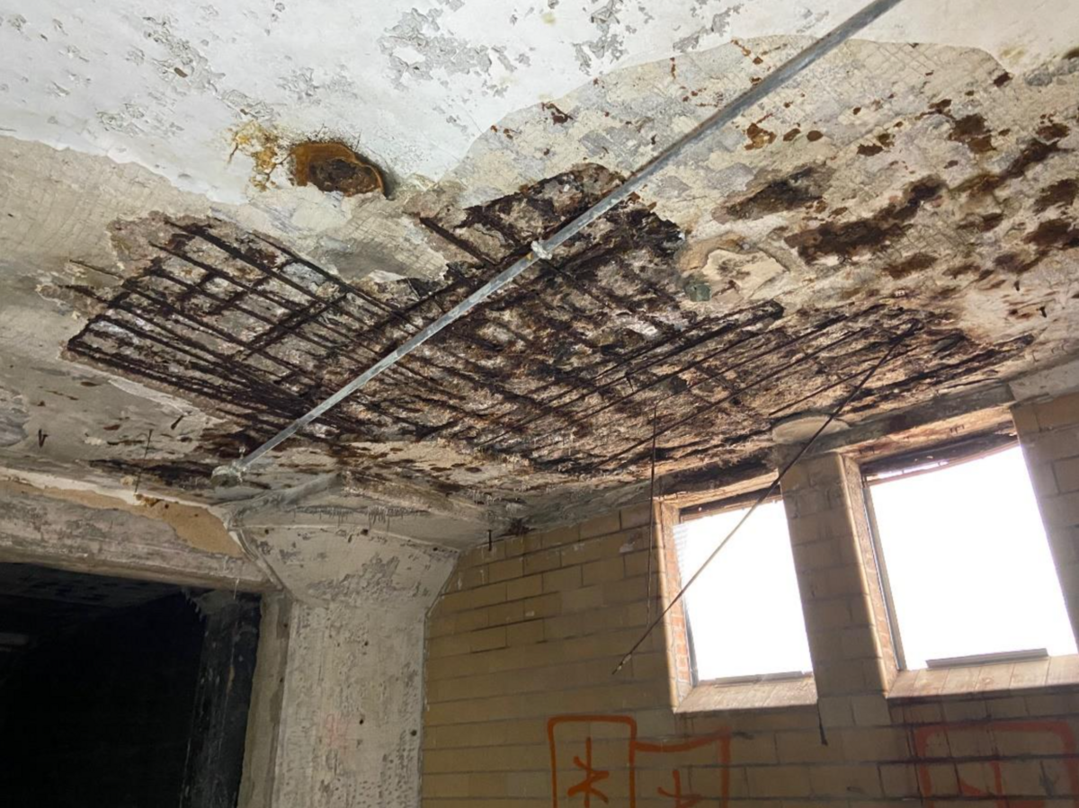 The third floor of the T&P warehouse shows about 160 square feet of cracked concrete and corroded rebar.