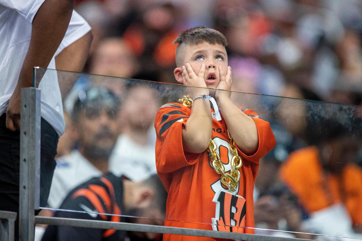 A Bengals fan at the beginning of their game against the Dallas Cowboys on Sunday, Sept. 18, 2022, at the AT&T Stadium in Arlington, Texas.