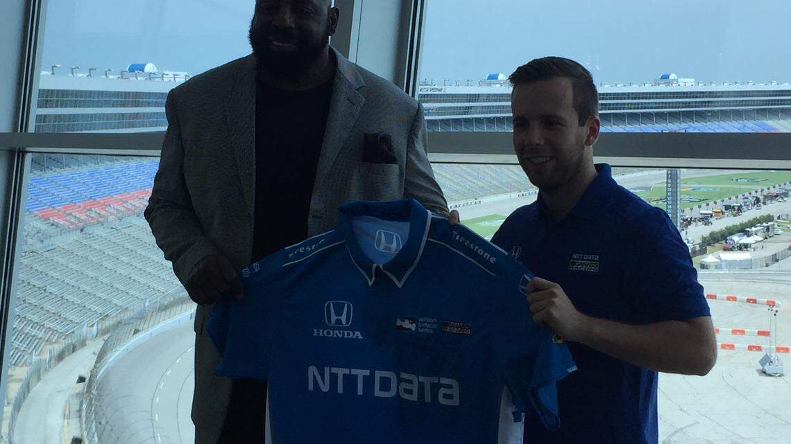 Ed "Too Tall" Jones (left) hanging out with IndyCar Ed Jones (right) at Texas Motor Speedway.