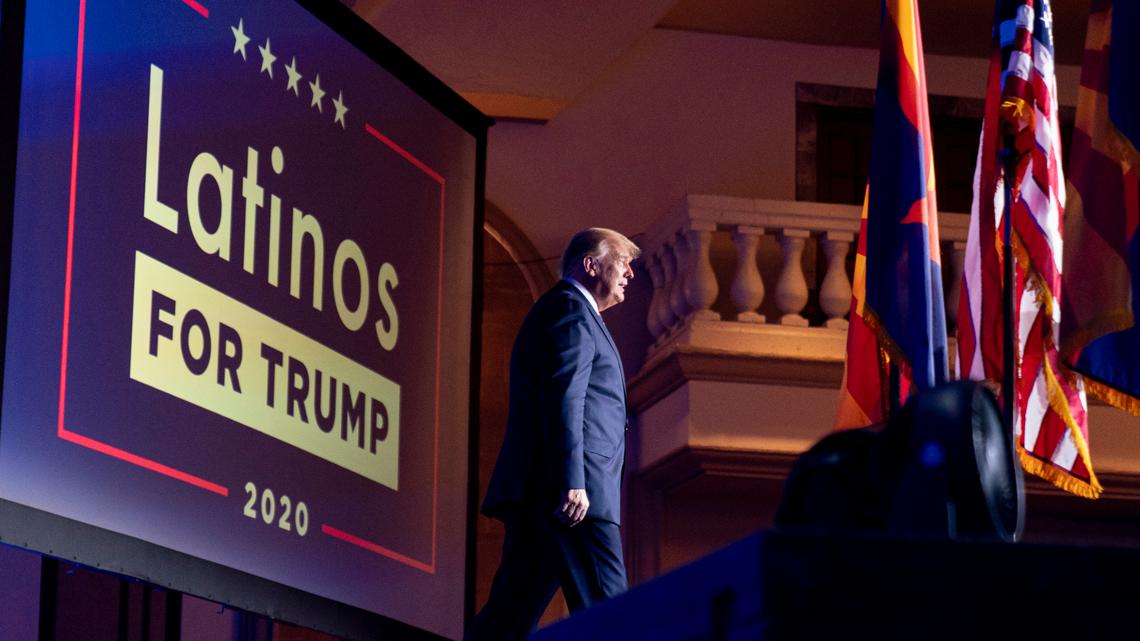 FILE - In this Sept. 14, 2020 file photo, President Donald Trump arrives for a Latinos for Trump Coalition roundtable at Arizona Grand Resort & Spa in Phoenix. (AP Photo/Andrew Harnik, File)