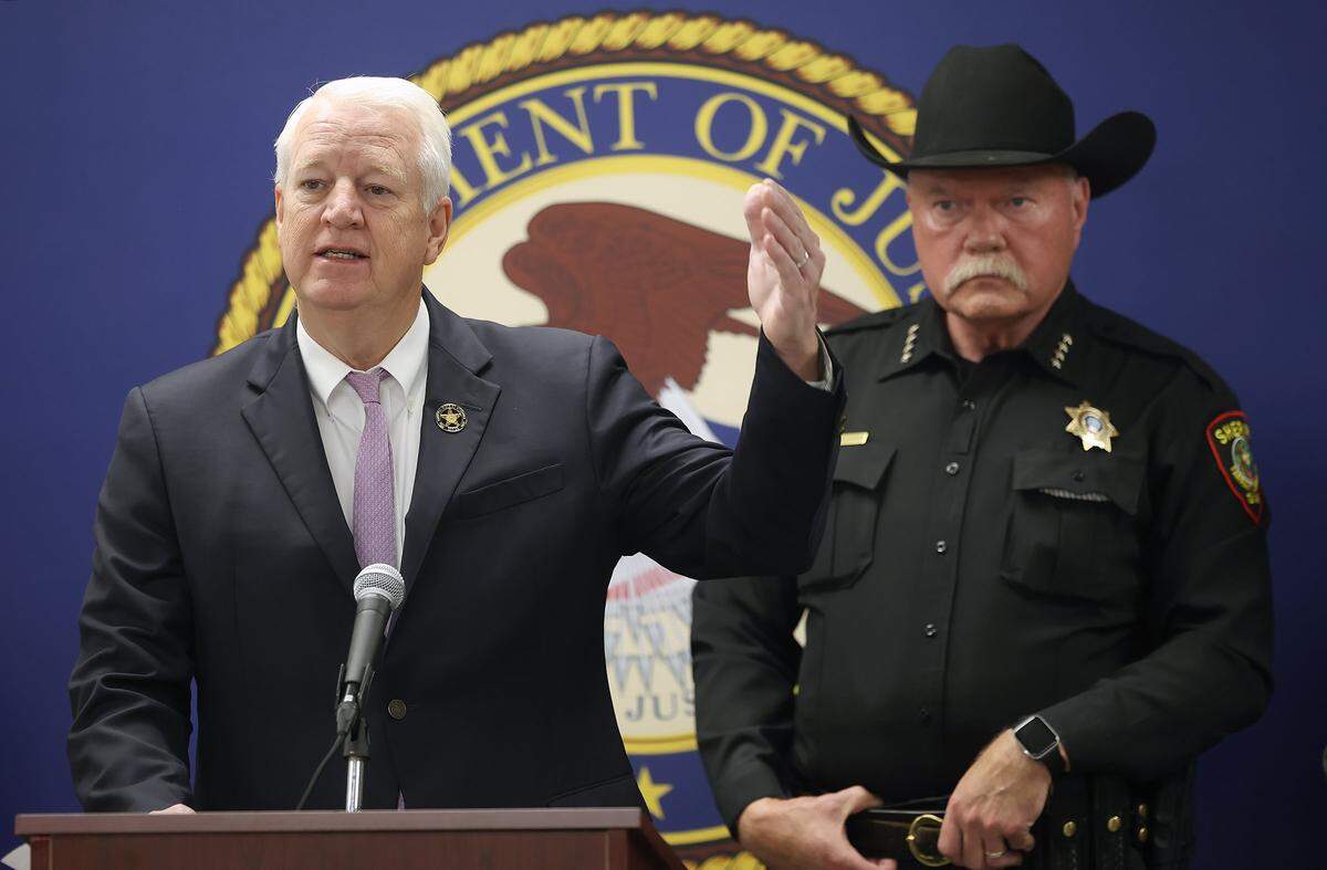 Tarrant County Criminal District Attorney Phil Sorrells and Tarrant County Sheriff Bill Waybourn at a press conference to announce the expansion of Project Safe Neighborhoods to a second Fort Worth location on Tuesday, March 31, 2026, at the Sycamore Community Center. Project Safe Neighborhoods is a nationwide initiative to bring together federal, state, local and community organizations to work towards decreasing violent crime.
