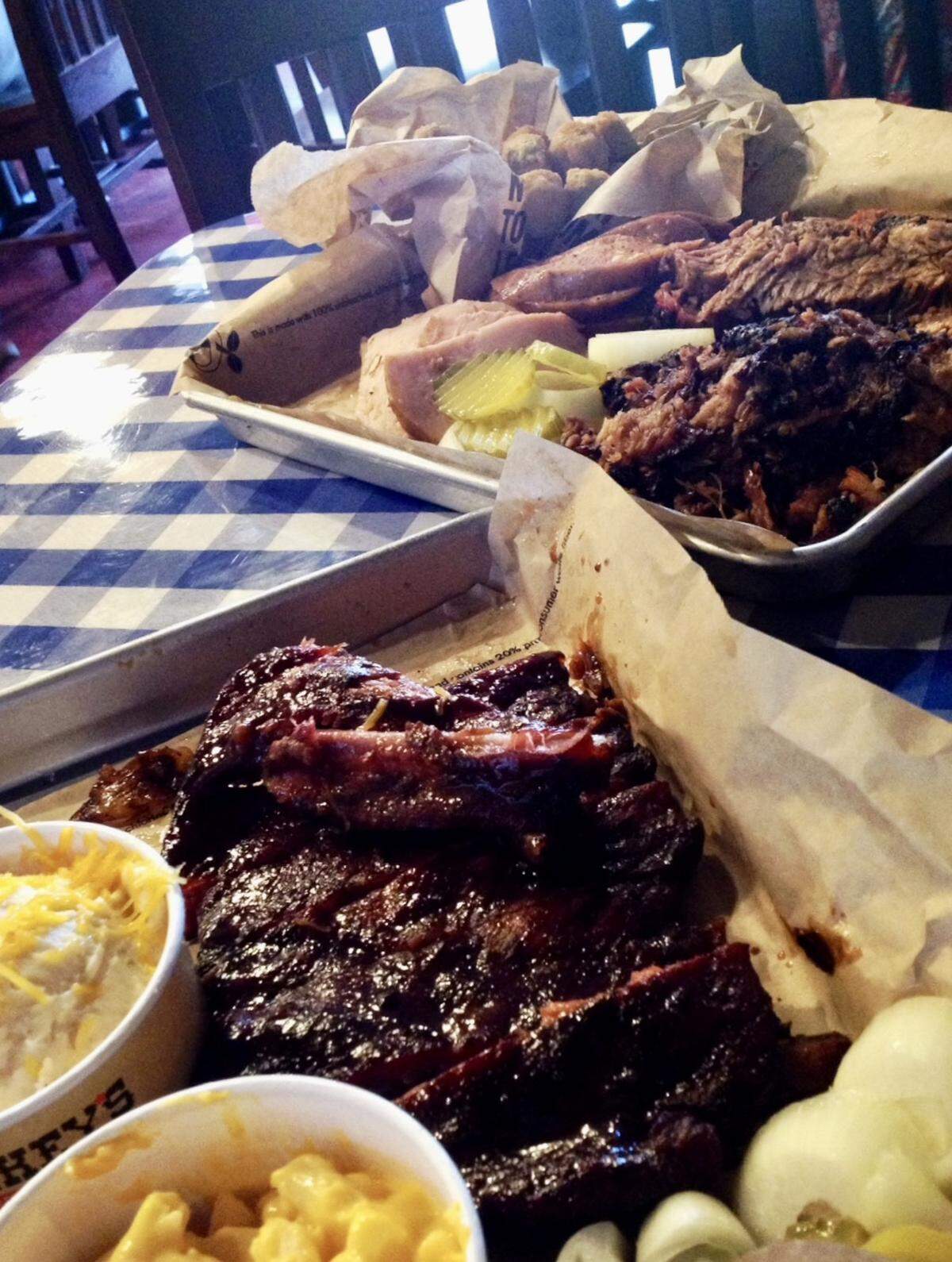 Ribs, brisket, cheddar sausage, turkey, okra, potato casserole and mac-and-cheese at Dickey’s.