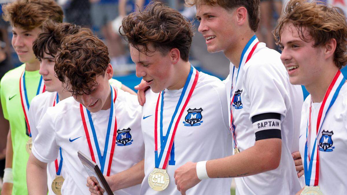 Midlothian boys soccer receives state championship medals following a victory against Frisco Wakeland in the Class 5A title game at Birkelbach Field on April 13, 2024.