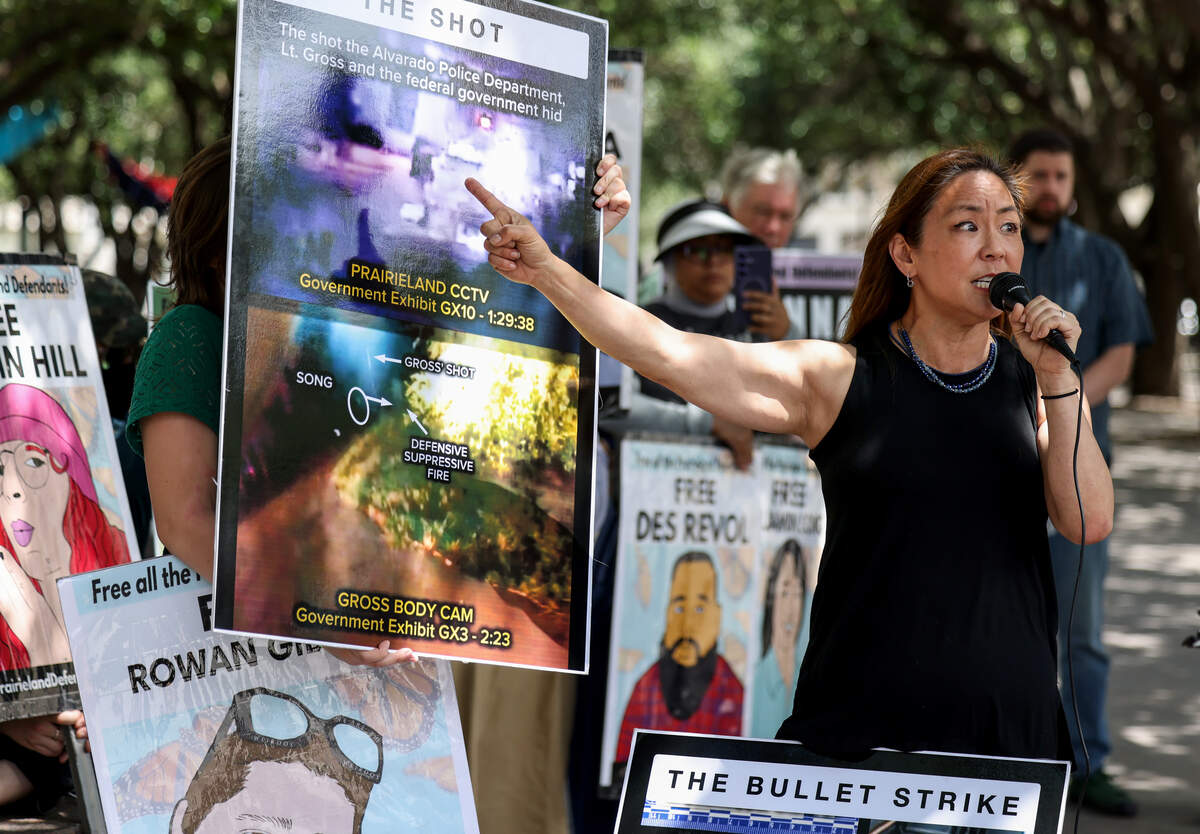 Hope Song, mother of Benjamin Song, speaks outside of the federal courthouse in downtown Fort Worth on Wednesday, July 1, 2026, following the sentencing of more defendants in the Prairieland ICE shooting case. Benjamin Song was found guilty of attempted murder in the shooting of Alvarado police Lt. Thomas Gross and received a sentence of 100 years.