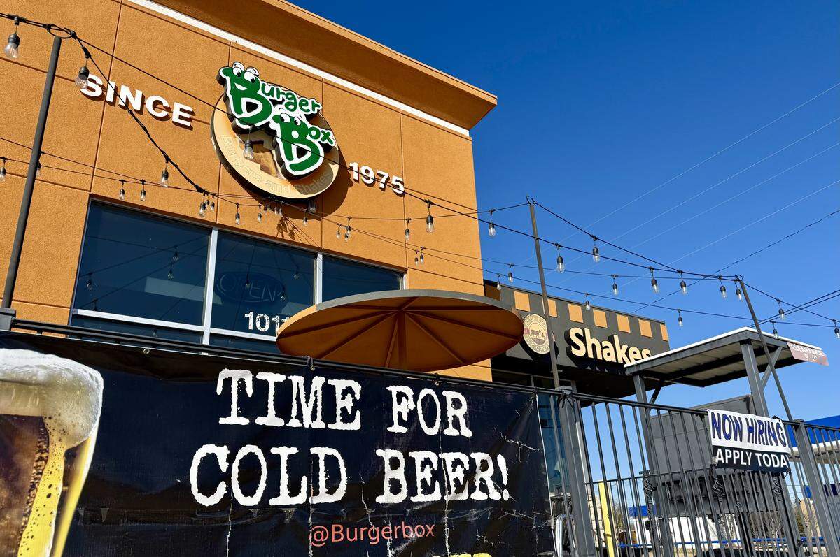 The Burger Box location in Euless, Texas, serves beer and has happy hour food and drink specials, seen Feb. 6, 2026.