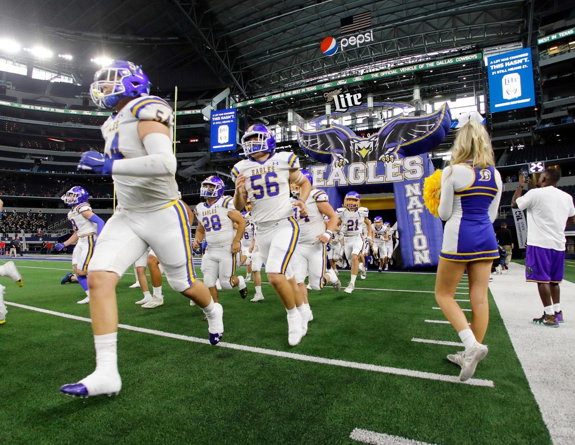 The Brock Eagles enter the field for a high school 3A division 1 state championship football game at AT&T Stadium in Arlington, Texas, Thursday, Dec. 16, 2021. Lorena led 14-6 at the half. (Special to the Star-Telegram Bob Booth)